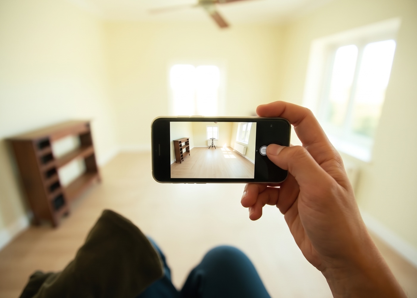 Person photographing an empty room with a smartphone
