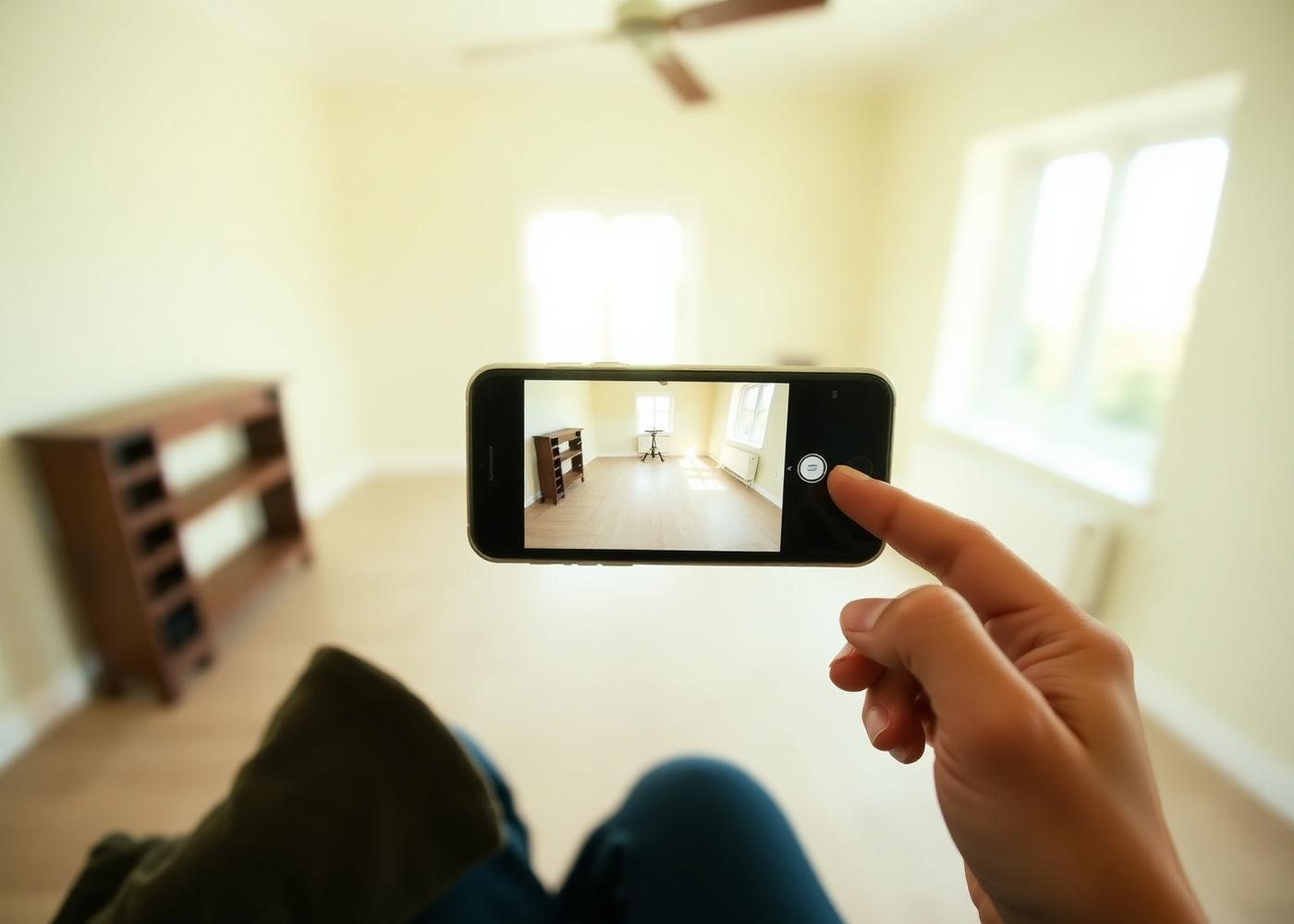 Person photographing an empty room with a smartphone