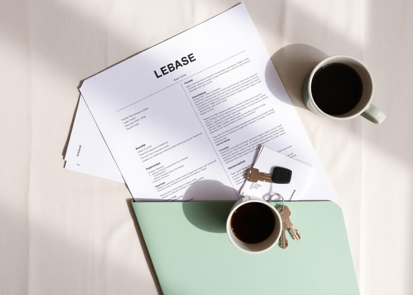 Lease document, keys and coffee on a linen surface