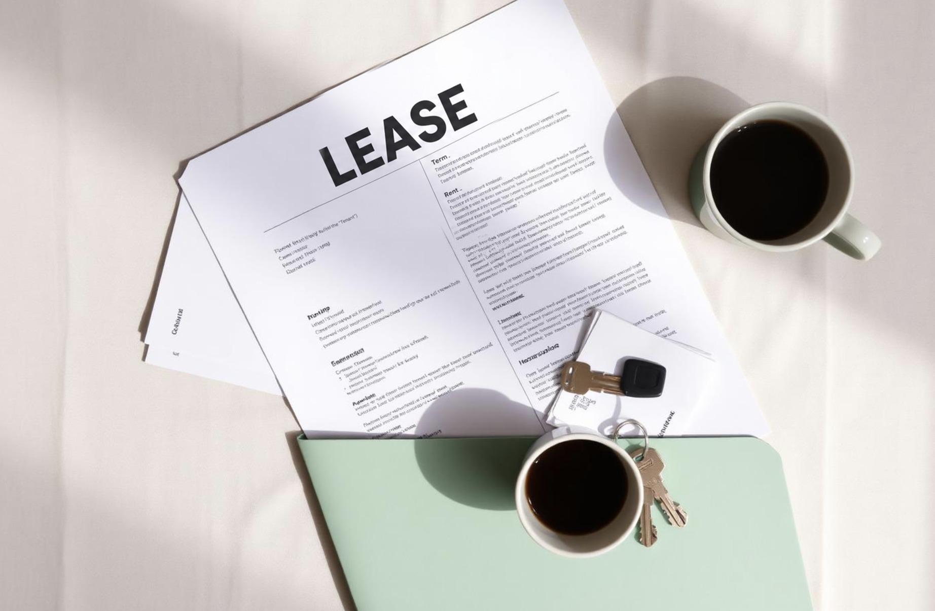Lease document, keys and coffee on a linen surface