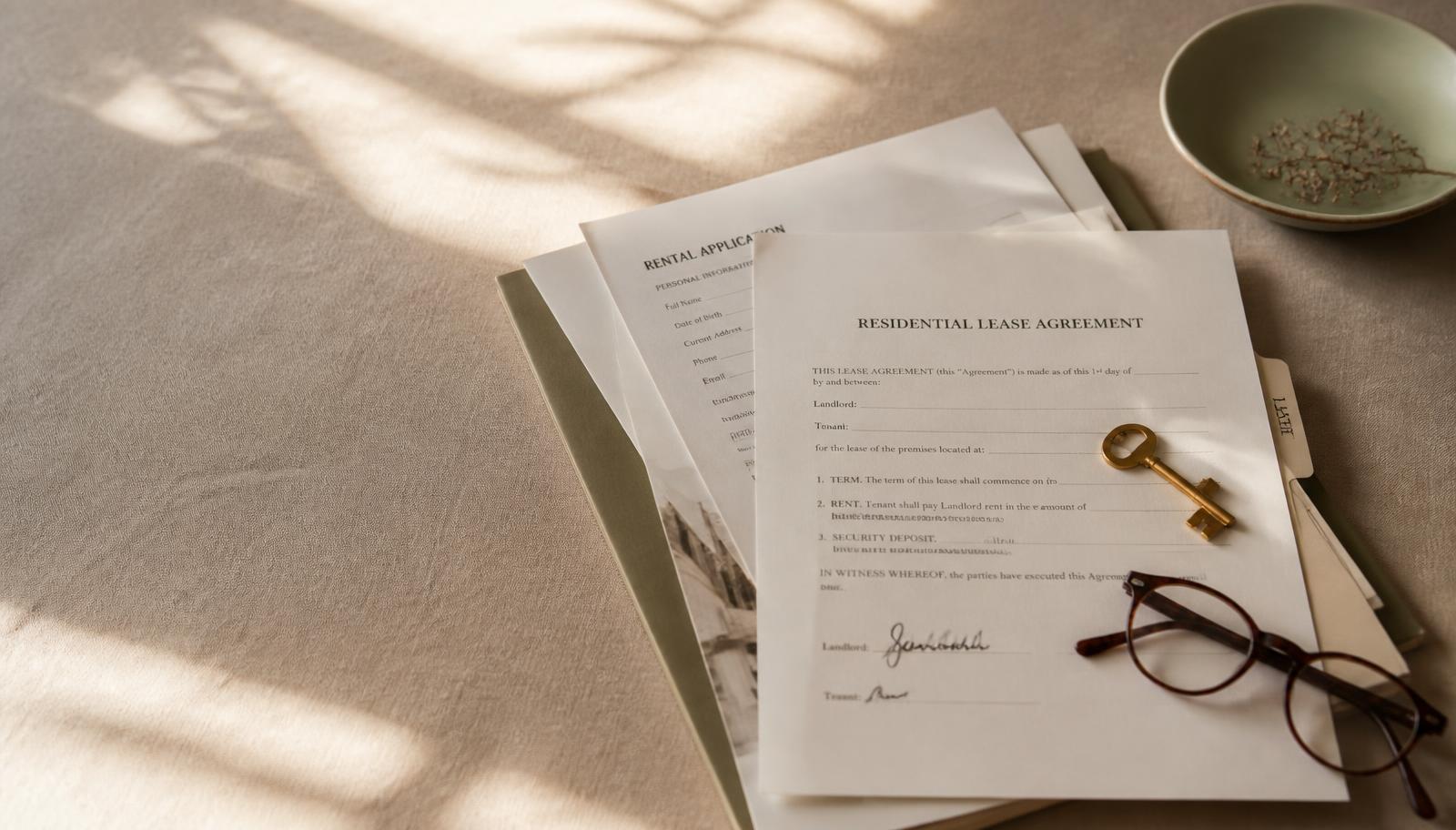 Lease documents, a brass key and reading glasses on linen